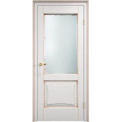 Дверь межкомнатная, остекленная. Модель ОЛ-6/2. Белый грунт+патина золото. Фото в интернет-магазине Большой