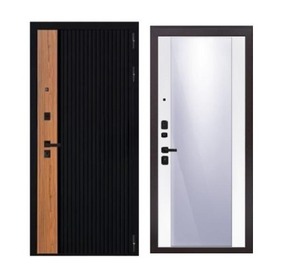 Дверь входная металлическая Дверьберг Тренд черная шагрень/велютто бьянко+зеркало. Фото в интернет-магазине Большой