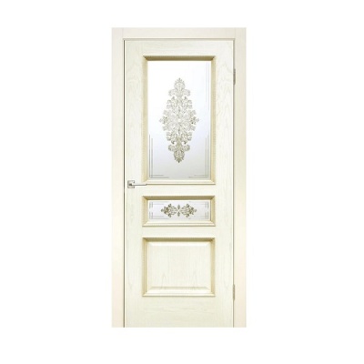 Дверь межкомнатная остекленная. Модель Альба. Цвет ясень карамельный  + патина золото, капучино. Фото в интернет-магазине Большой